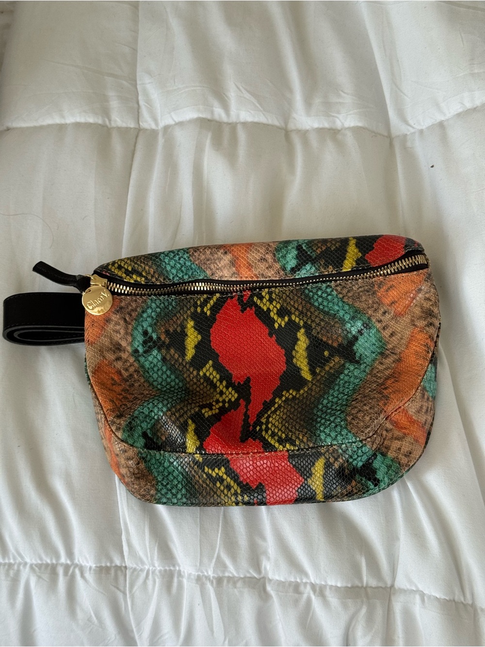 Clare V. Original Fanny Pack  Snakeskin Zip Pouch - Red, Teal, Orange
